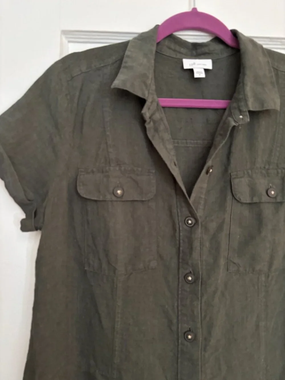 J.Jill Grey Green Linen Shirt Dress w/ Pockets Sz M